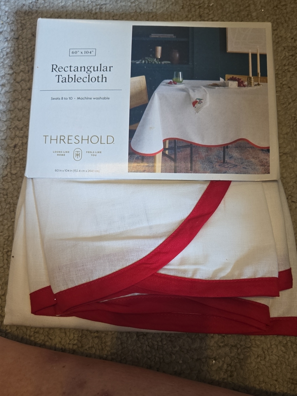 Threshold White Rectangular Tablecloth with Red Border 932